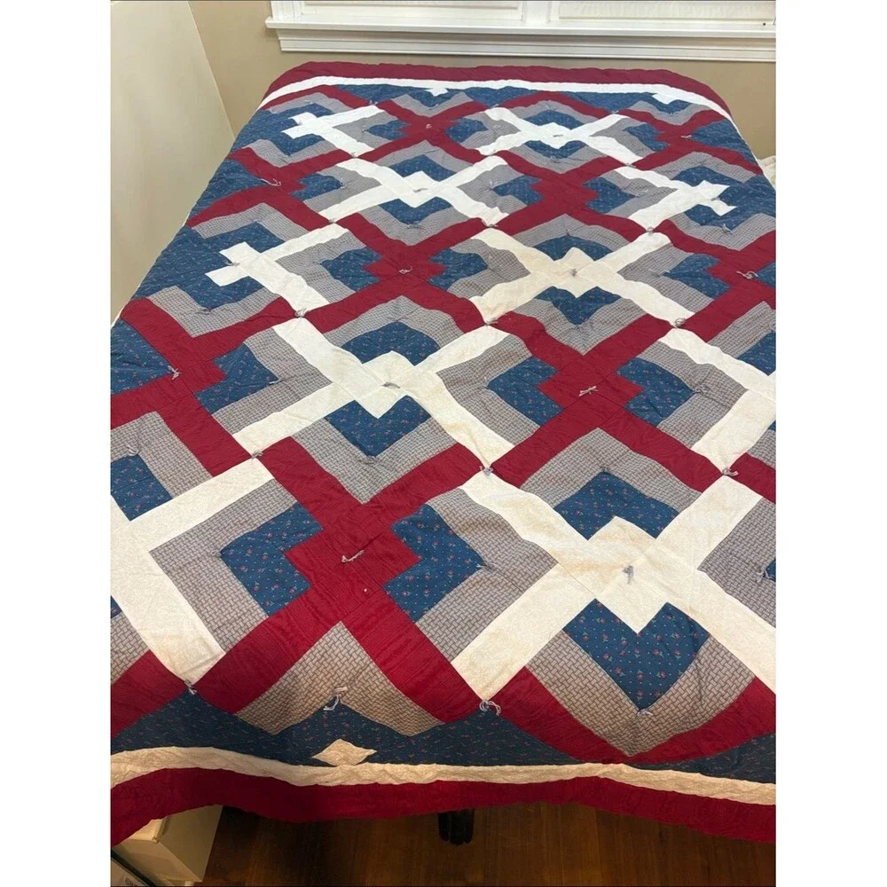 Hand Crafted Red, Blue & Cream Geometric Patchwork Quilt